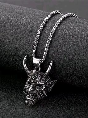 Men's Black Silver Oni Demon Pendant Necklace - Bold Stainless Look